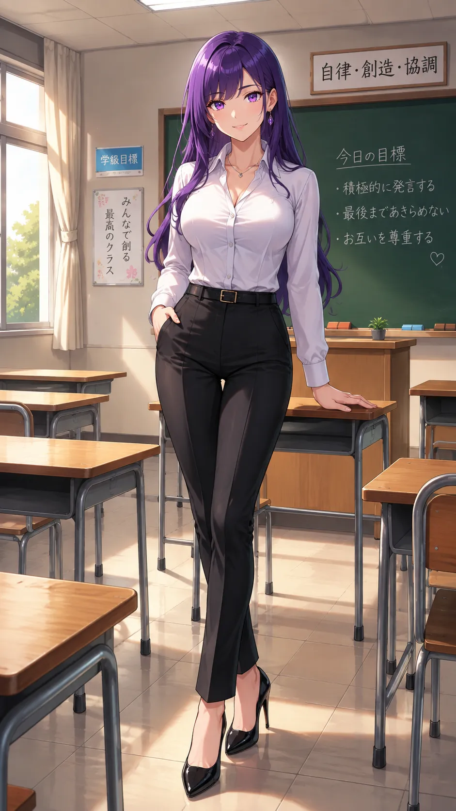 Ako Kakuta de frente com cabelo roxo, camisa branca, calça preta e salto alto