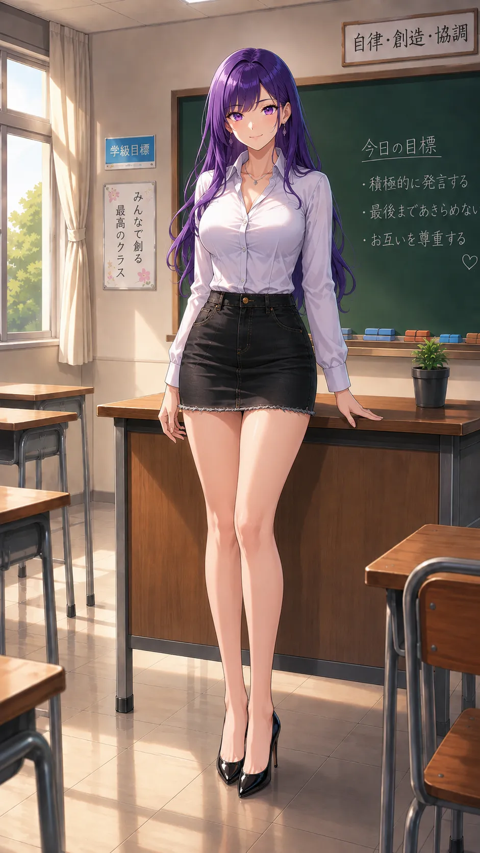 Ako Kakuta de frente com camisa branca e minissaia preta em sala de aula