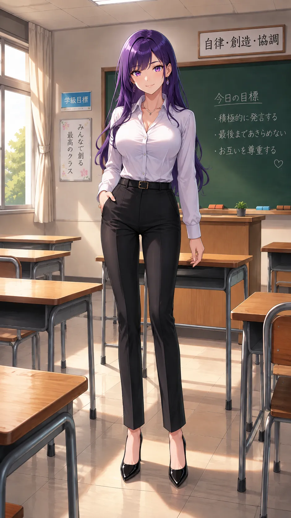 Personagem adulta de anime Ako Kakuta em pé no centro de uma sala de aula