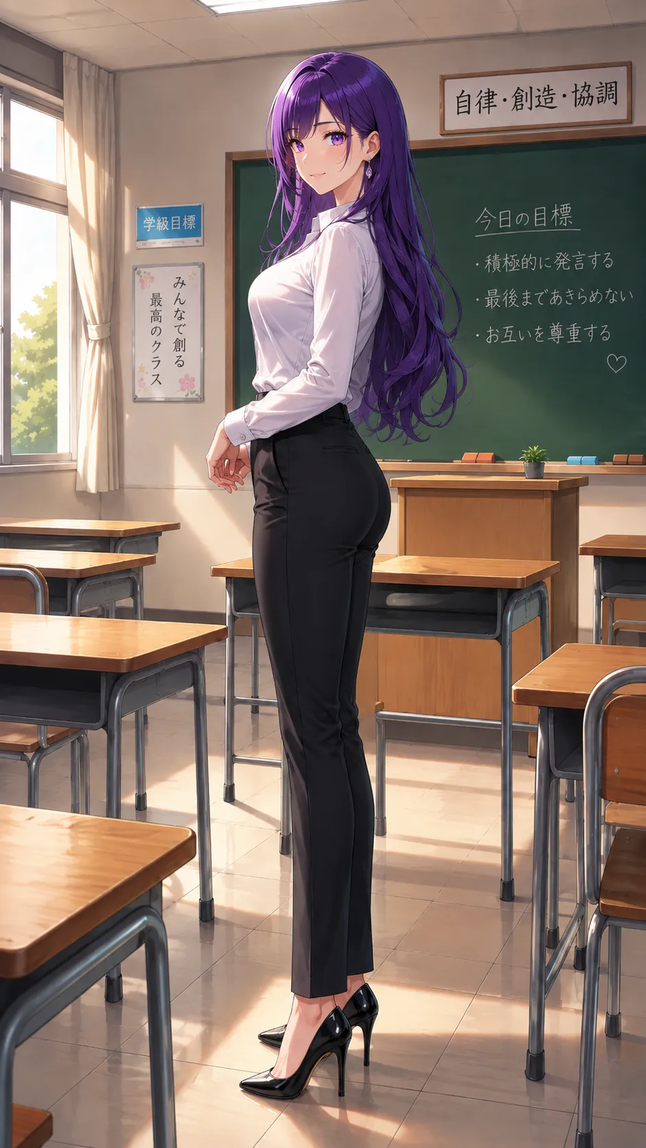 Ako Kakuta de perfil com cabelo roxo longo e roupa social preta e branca
