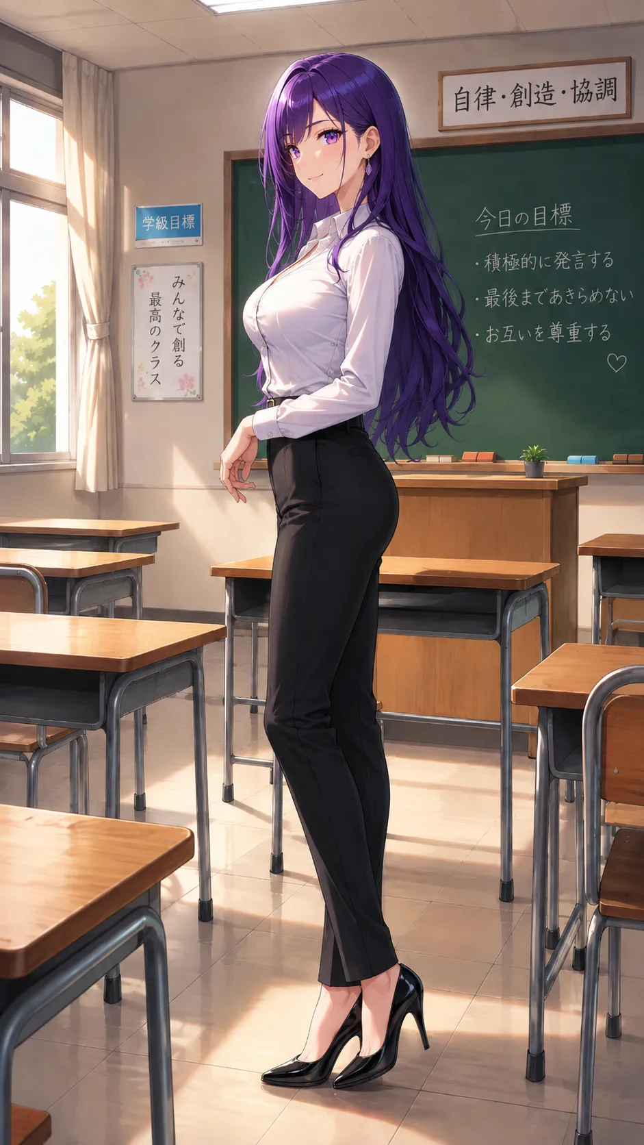 Ako Kakuta em pose lateral dentro de uma sala de aula