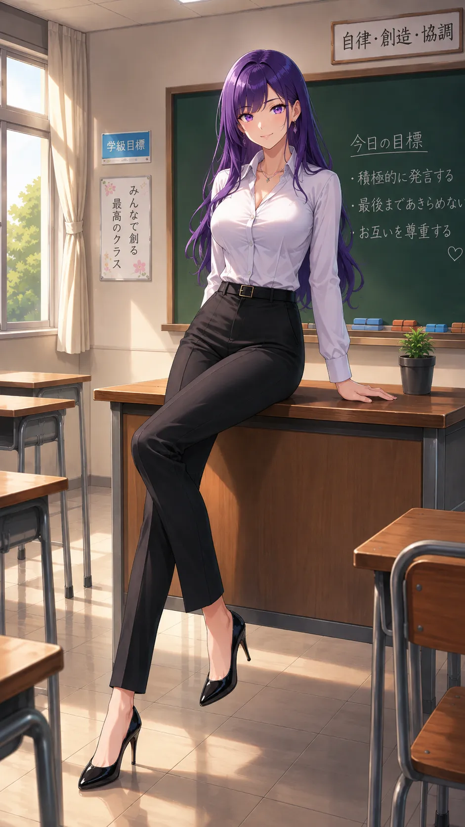 Ako Kakuta apoiada sobre uma mesa com camisa branca e calça preta