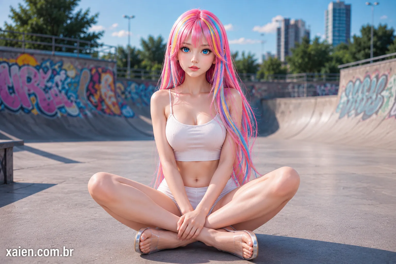 Layla sentada na pista de skate com cabelo rosa e mechas coloridas