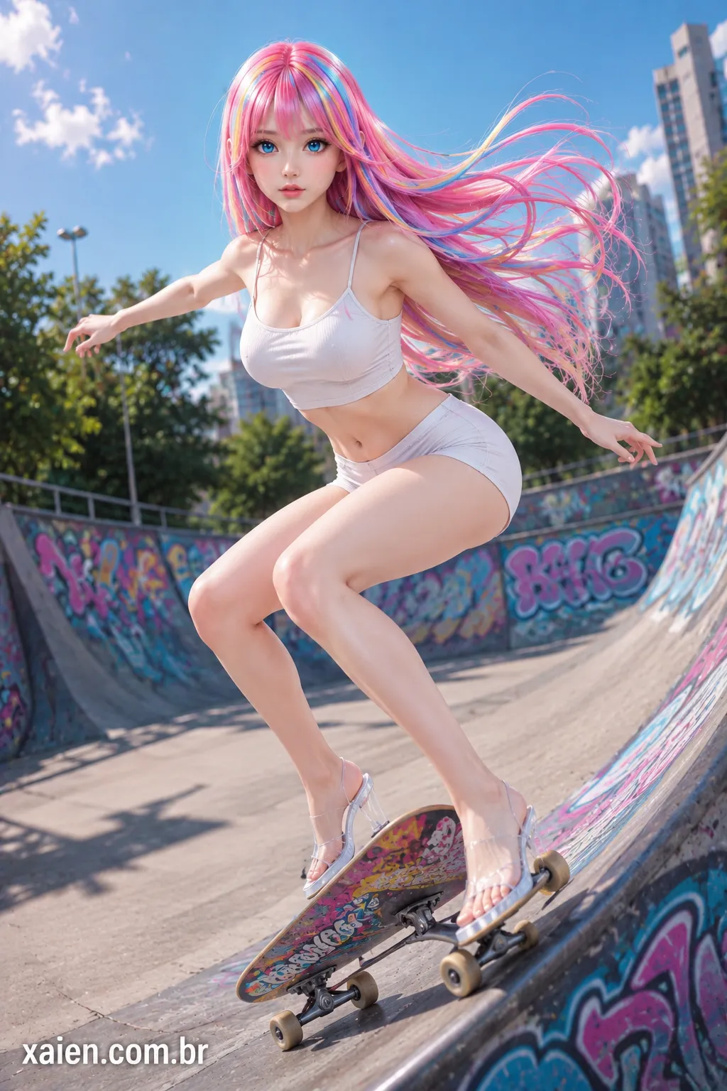Layla em movimento sobre skate em uma rampa grafitada