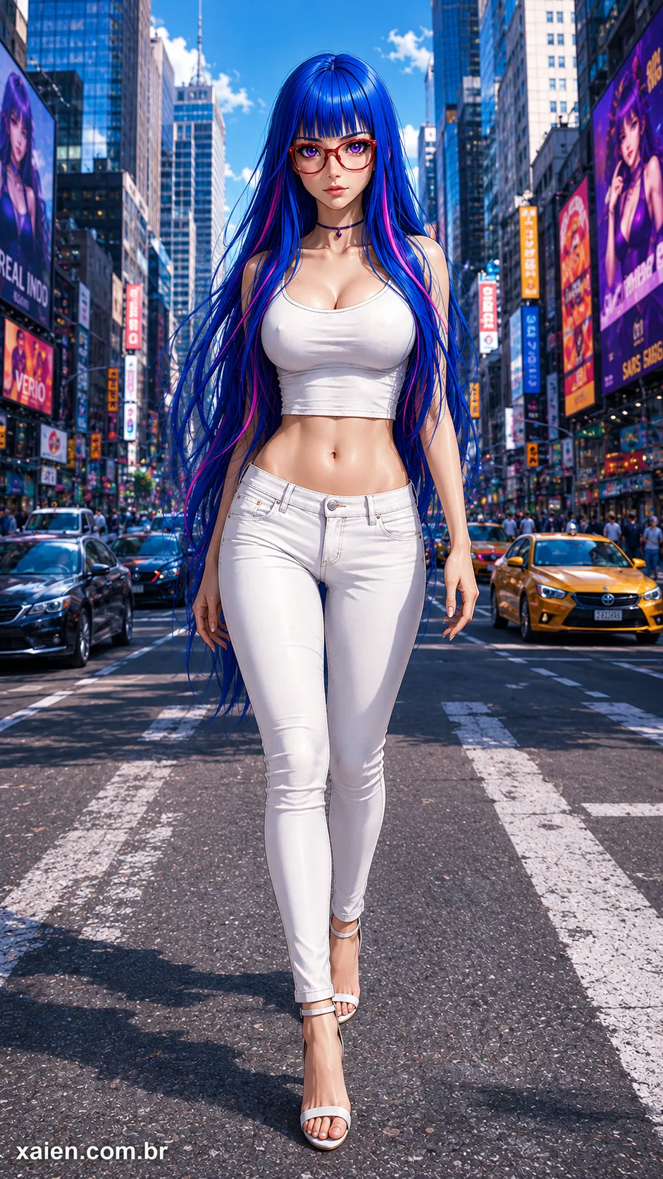 Wei Tsou caminhando em direção à câmera com cabelo azul e roupa branca