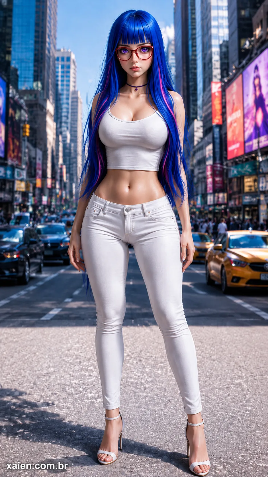 Fotos de anime 3D de Wei Tsou de frente com cabelo azul e roupa branca em avenida urbana