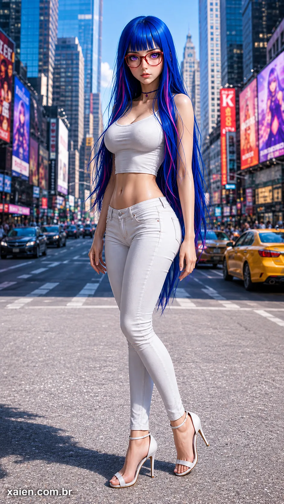 Wei Tsou em posição diagonal usando roupa branca e cabelo azul em cenário urbano