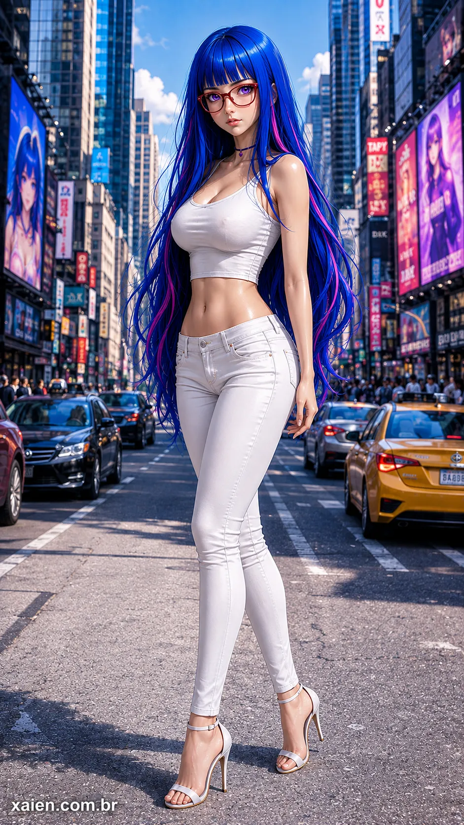 Personagem anime 3D de cabelo azul em pose frontal diagonal diante de avenida com carros e painéis