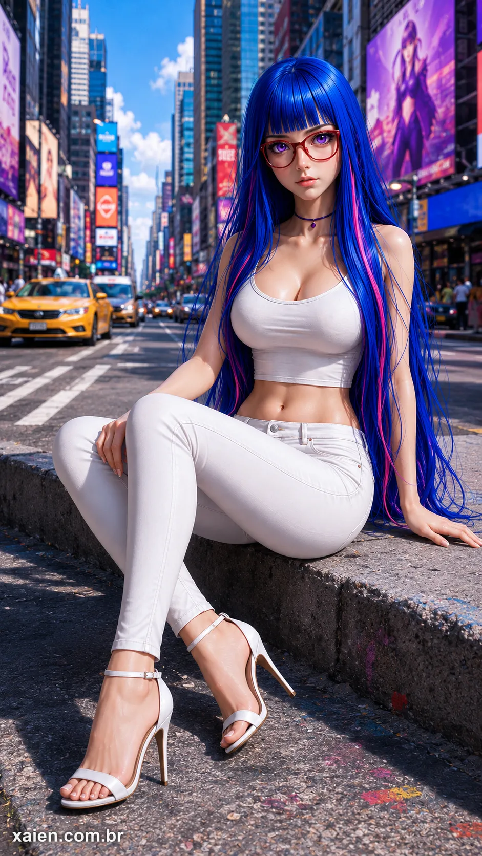 Wei Tsou sentada usando conjunto branco e sandálias de salto com avenida ao fundo