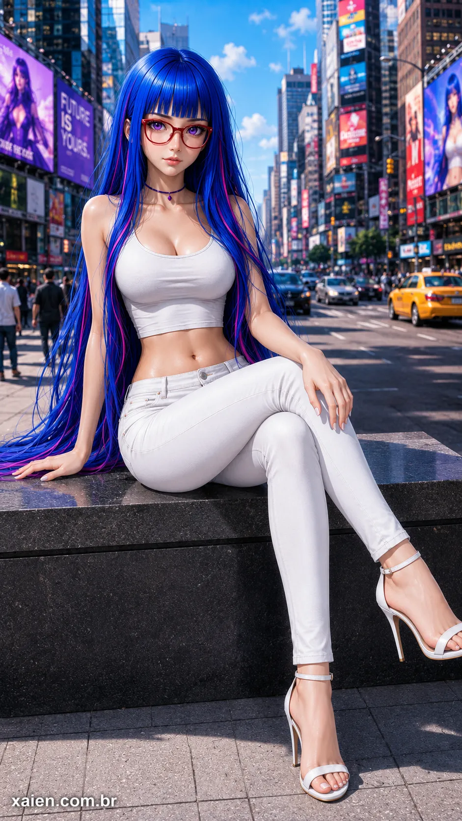Wei Tsou sentada com pernas cruzadas em composição urbana de anime 3D