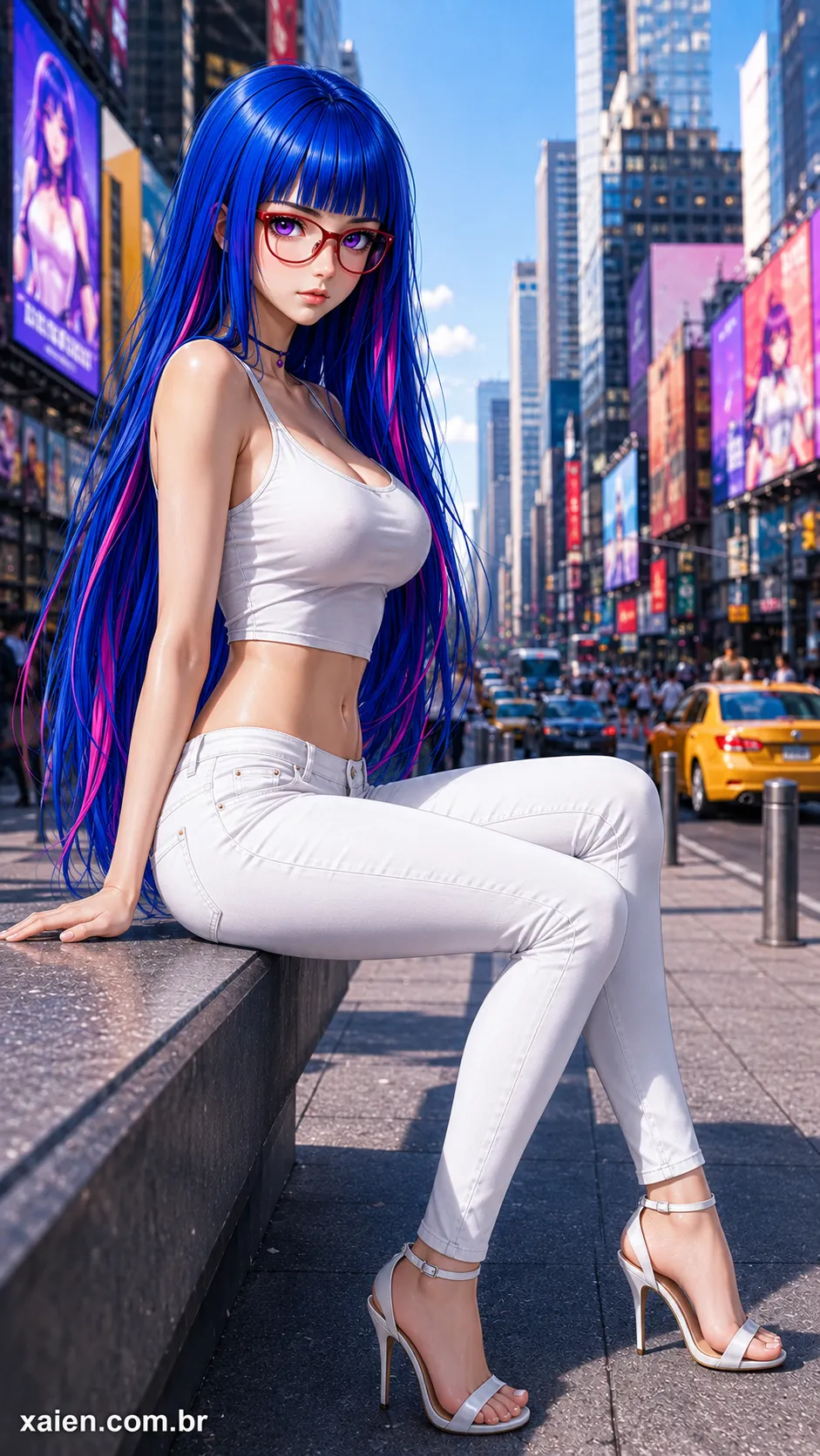 Wei Tsou sentada de lado com cabelo azul e composição em profundidade numa grande avenida