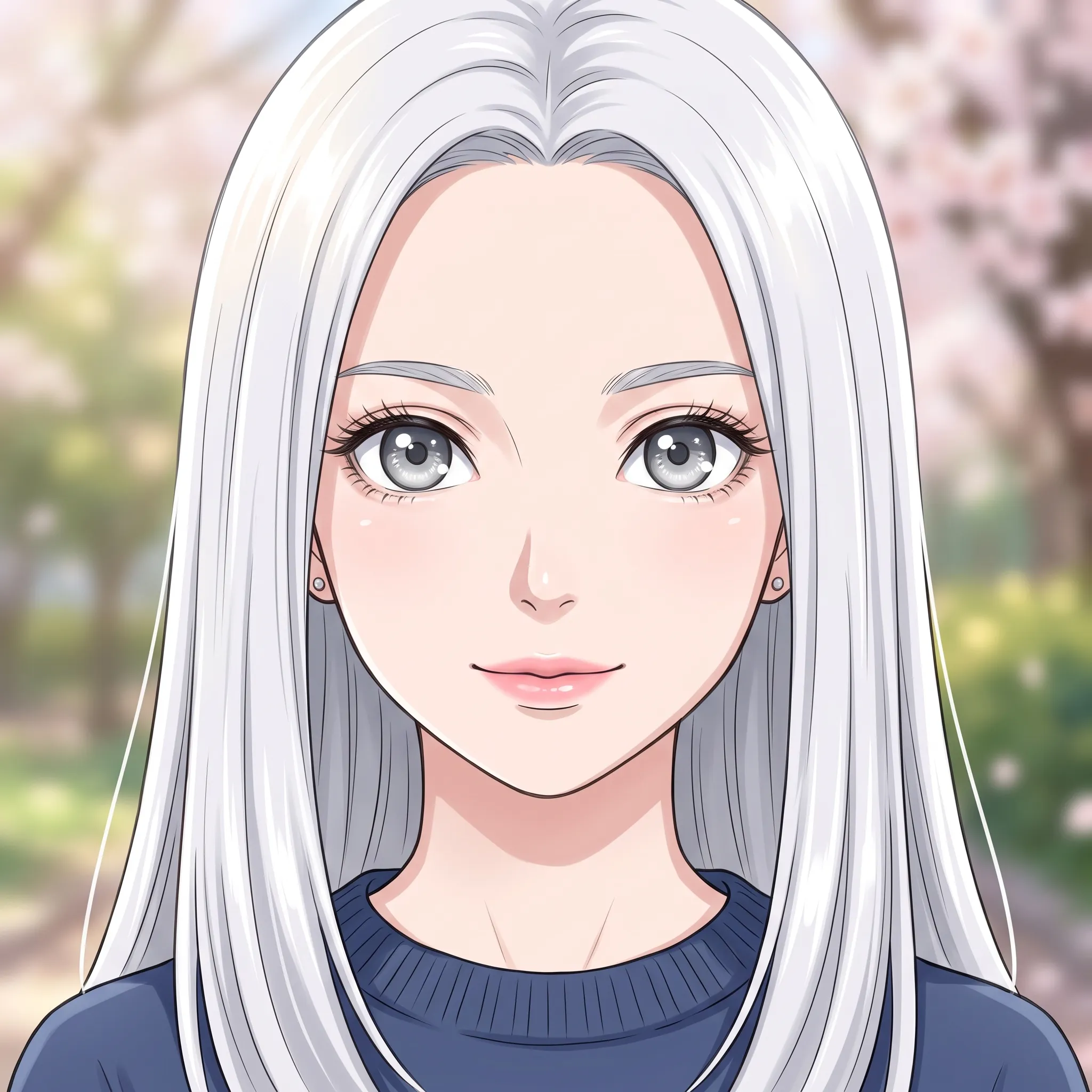 Rosto de anime original com cabelo branco, olhos cinza e iluminação digital