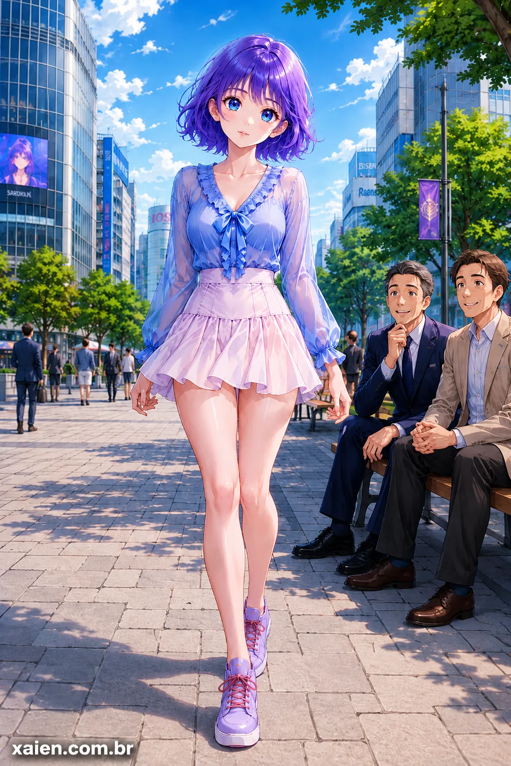 Minako Miyamoto caminhando de frente por uma avenida em uma ilustração de anime japonês