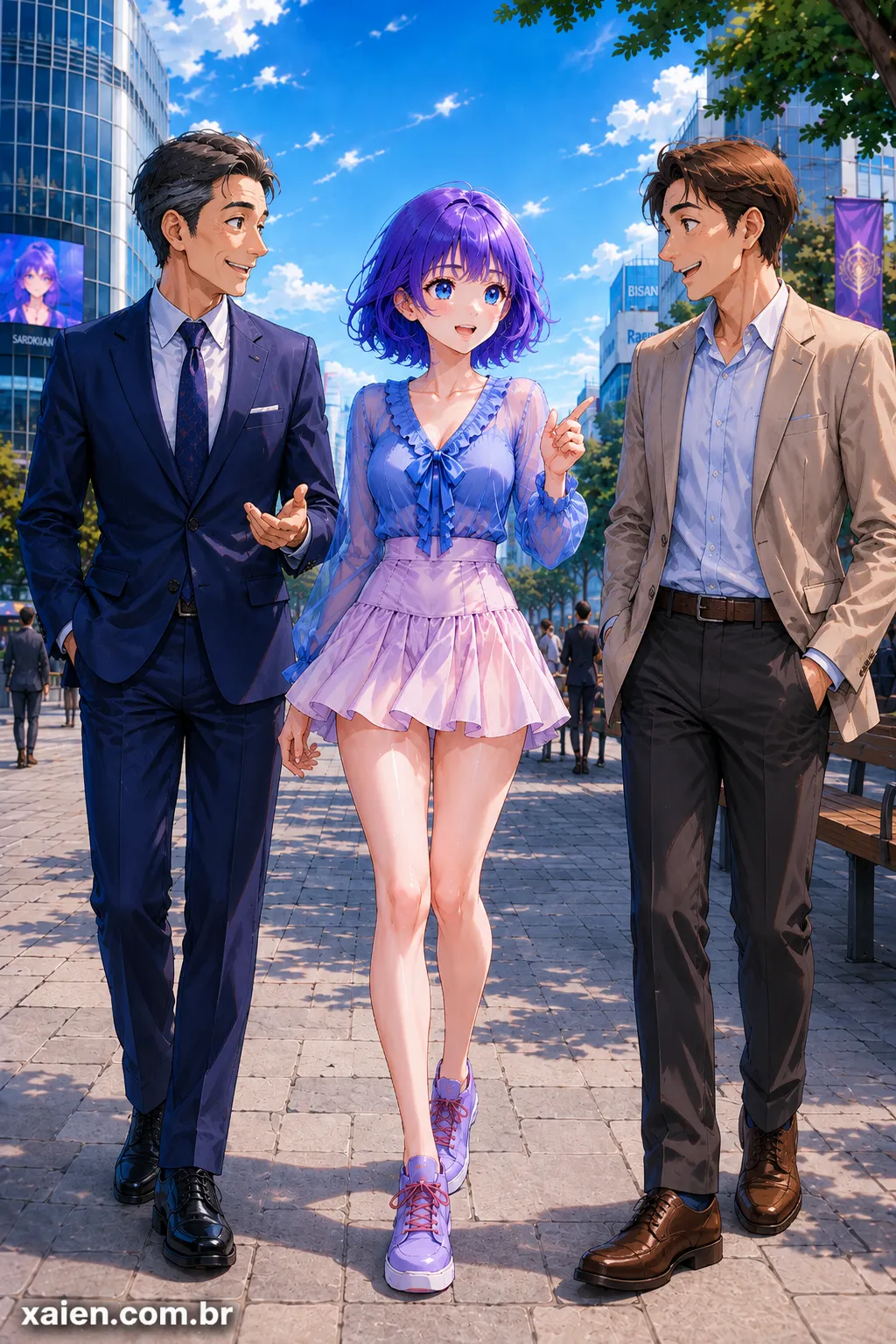 Minako Miyamoto caminhando entre dois professores em um cenário urbano de anime