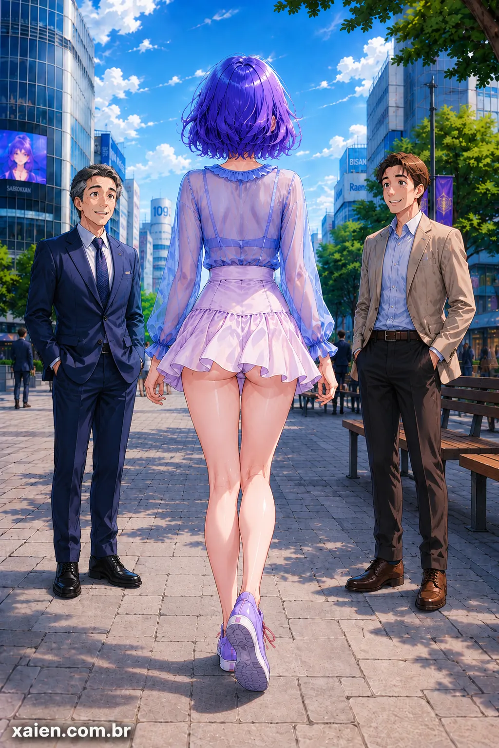 Minako caminhando de costas entre dois professores em uma avenida de anime