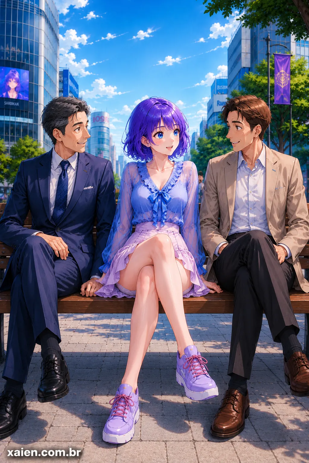 Minako Miyamoto sentada em um banco entre dois professores em uma cena urbana de anime
