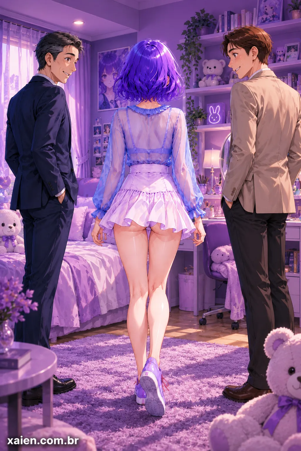 Minako Miyamoto e seus dois professores entrando em um quarto decorado em tons de roxo