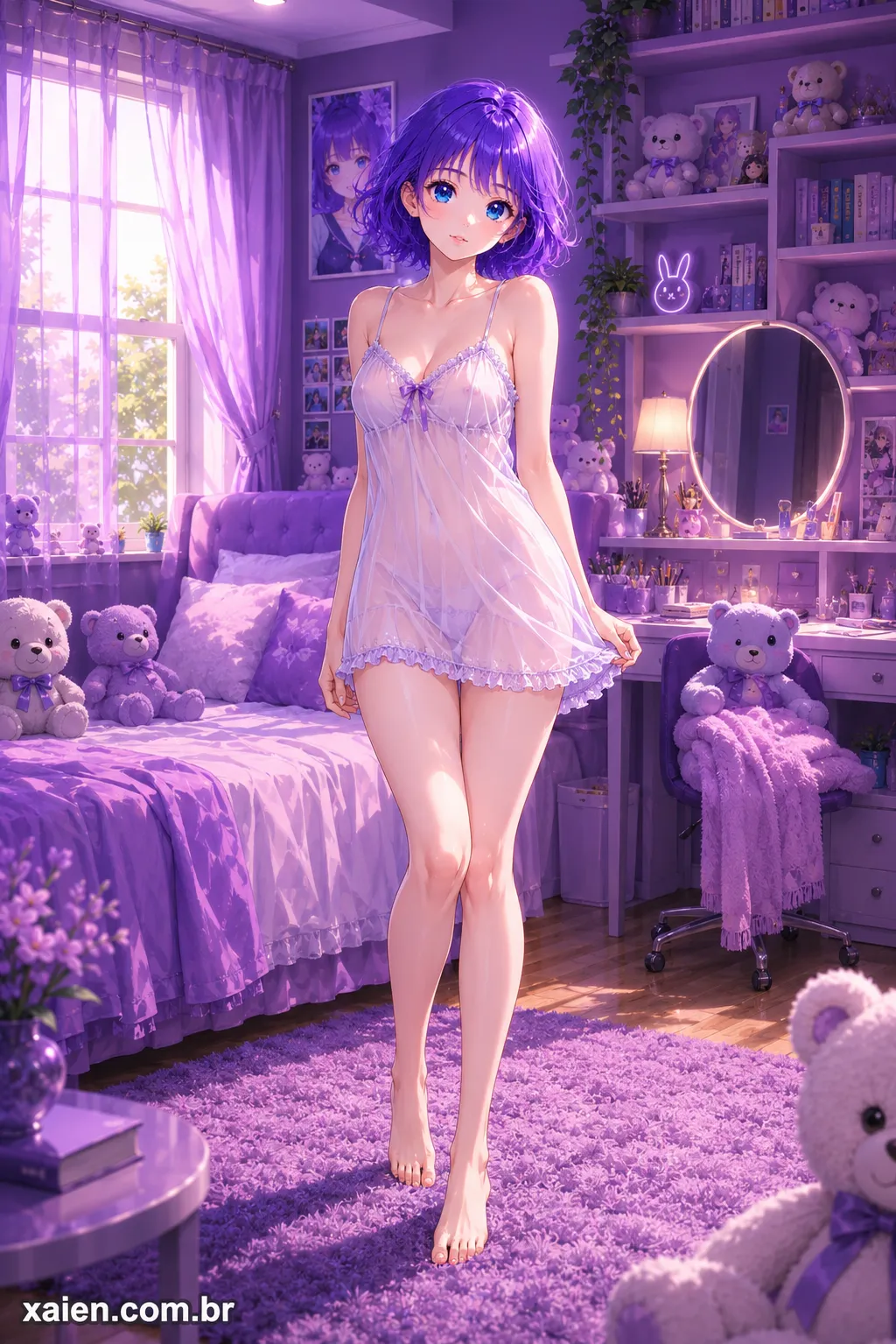 Minako Miyamoto usando camisola lilás em seu quarto roxo