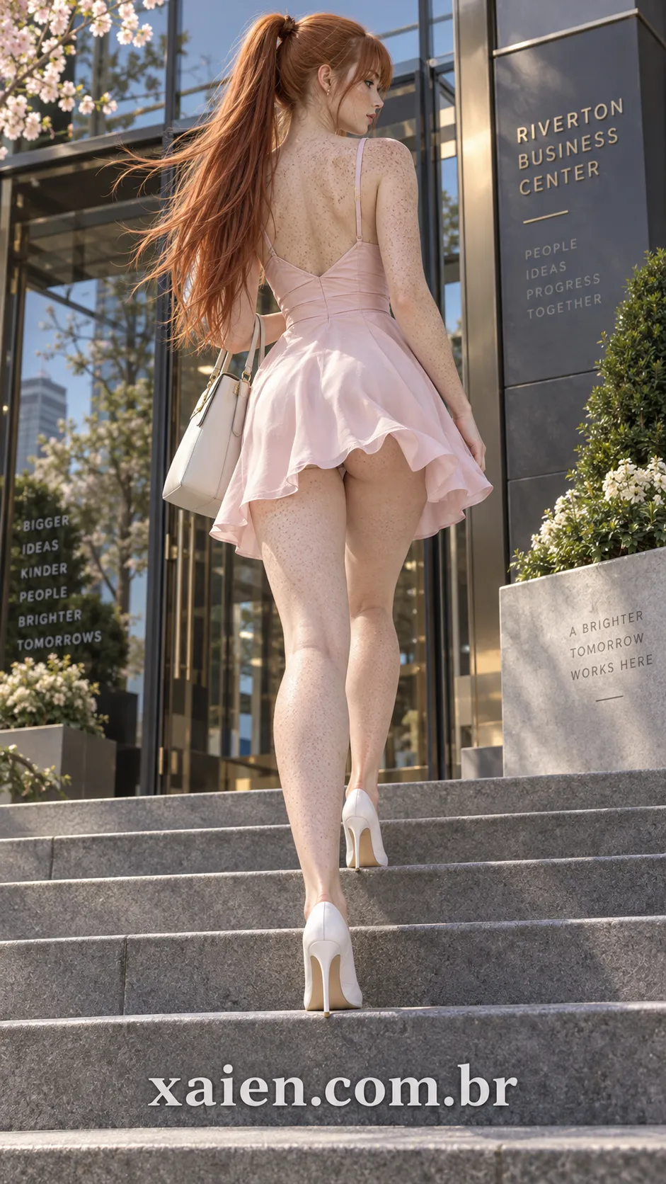 Tuula Heinonen subindo as escadas do trabalho vista de costas com vestido rosa