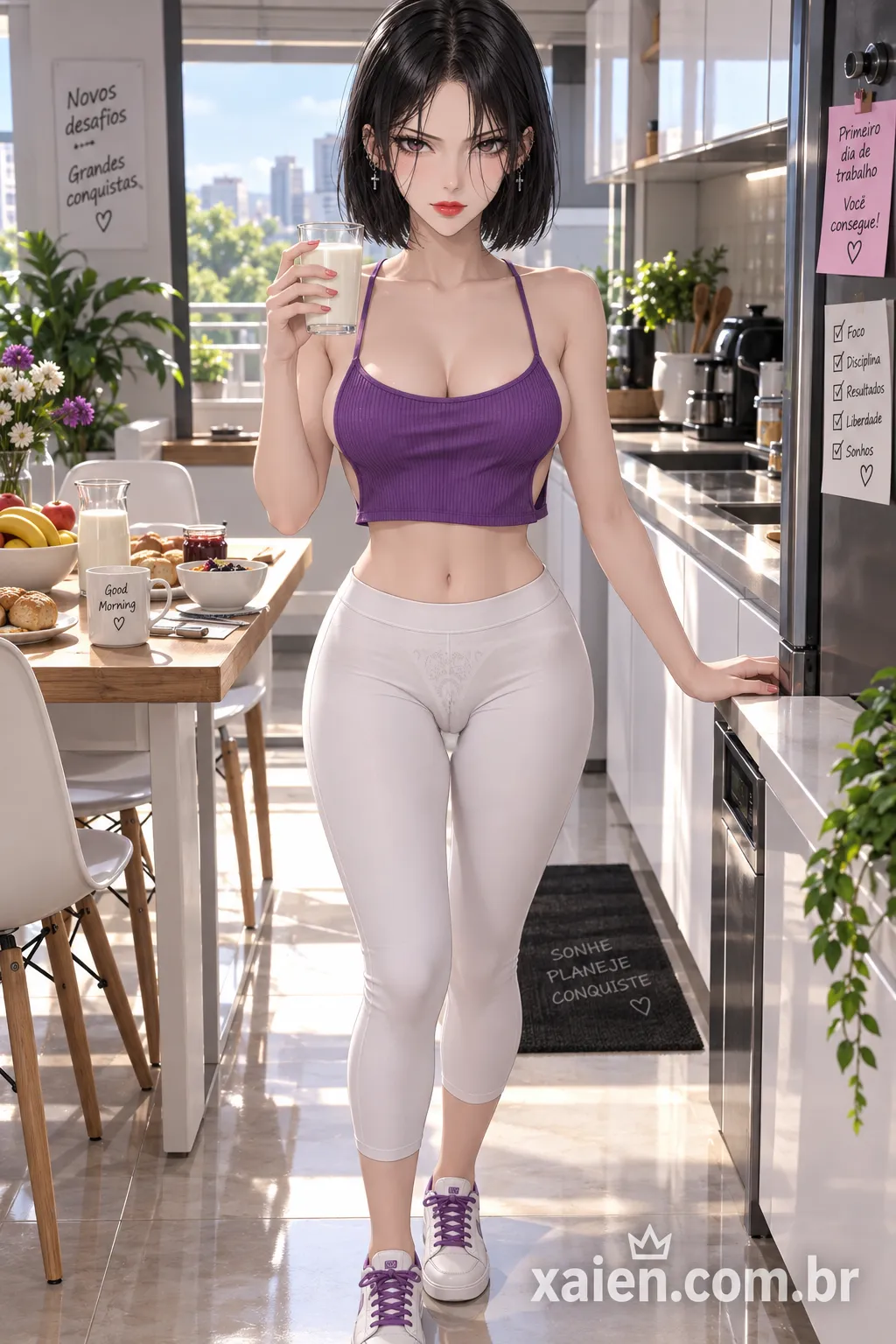Garota anime 3D tomando café antes do primeiro dia de trabalho