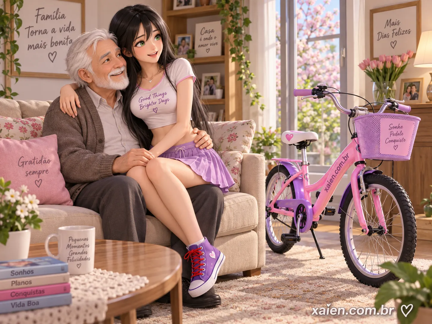 Riham Muminah se preparando para subir na bicicleta diante do chalé