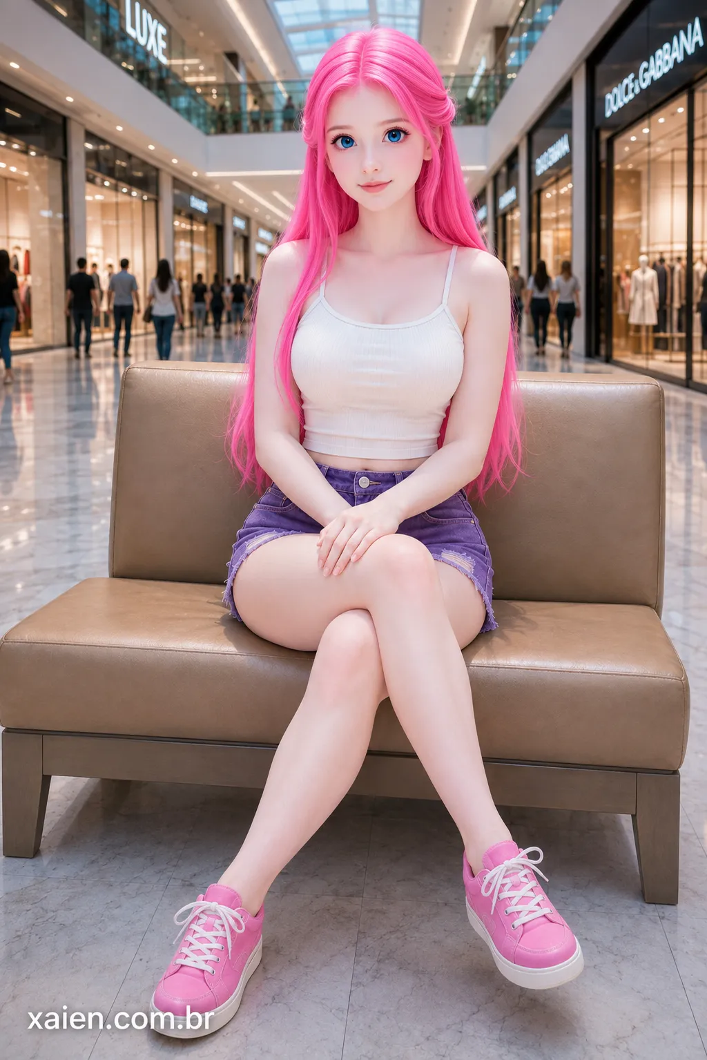 Rosto de personagem anime de cabelo rosa com destaque para olhos e penteado