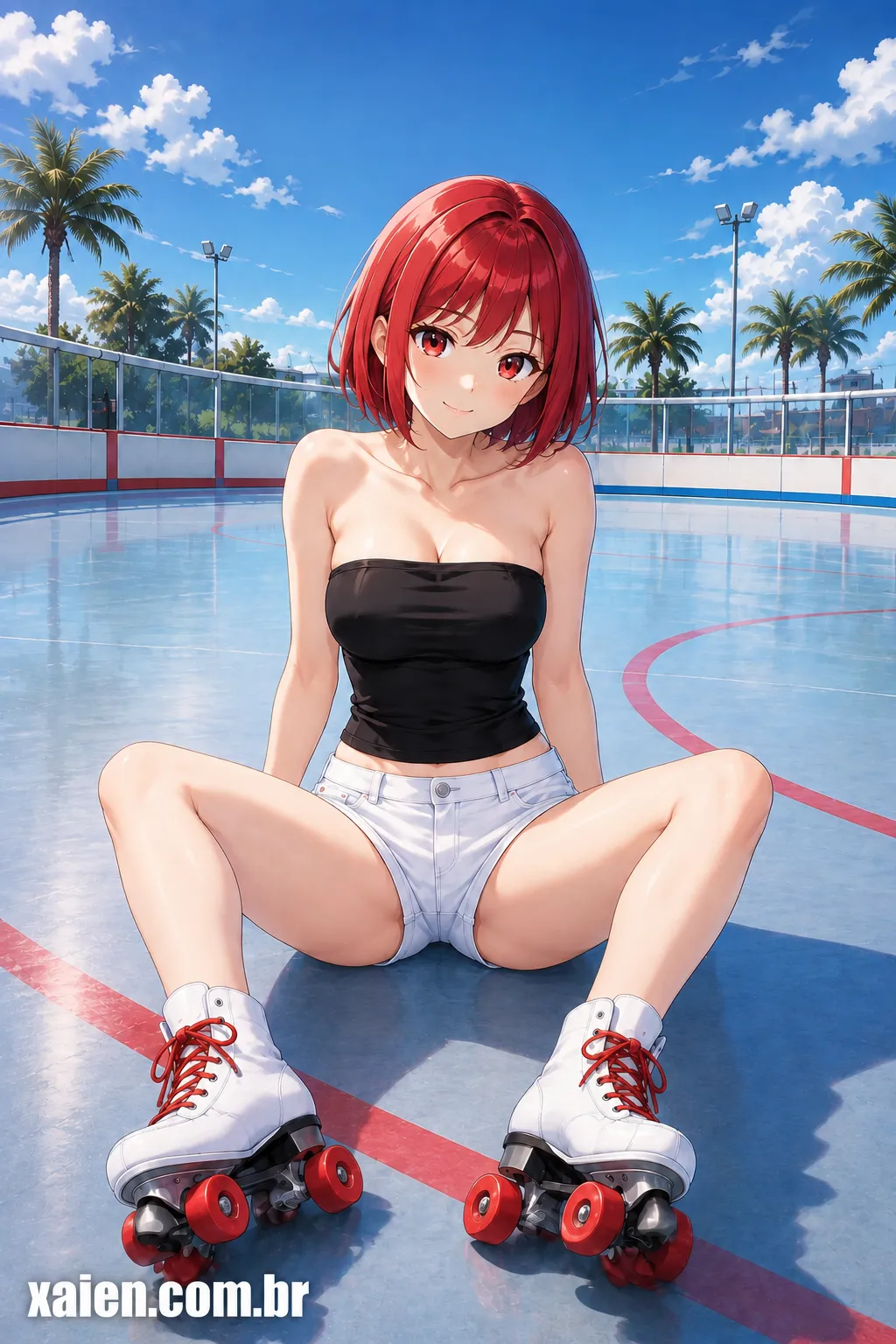 Anime japonesa cabelo vermelho com composição de cores no figurino