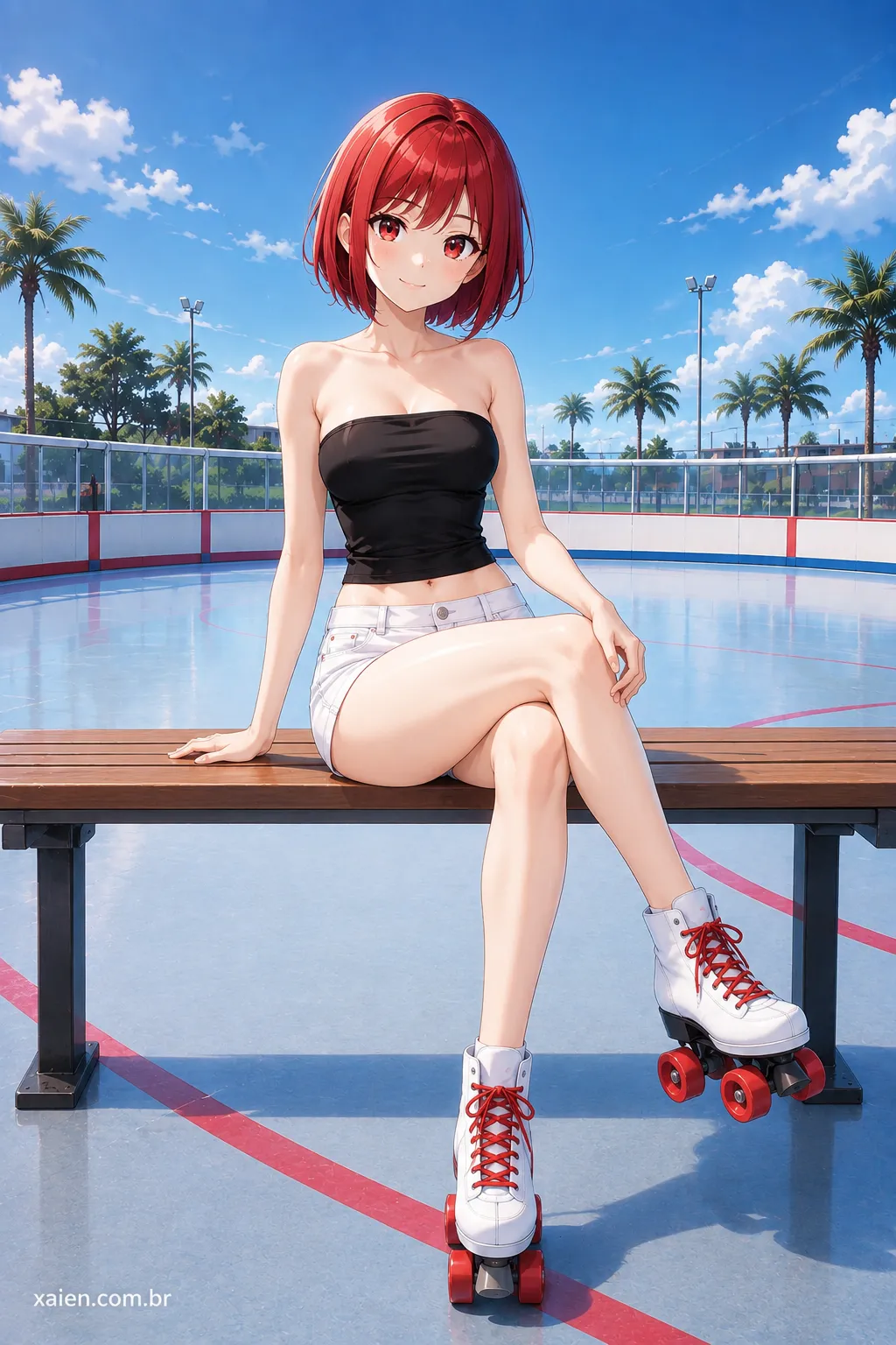 Anime japonesa cabelo vermelho usando look casual com saia e acessórios