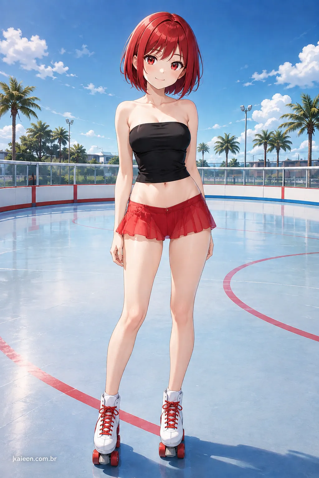 Anime cabelo vermelho em estilo esportivo com roupa combinando com os cabelos