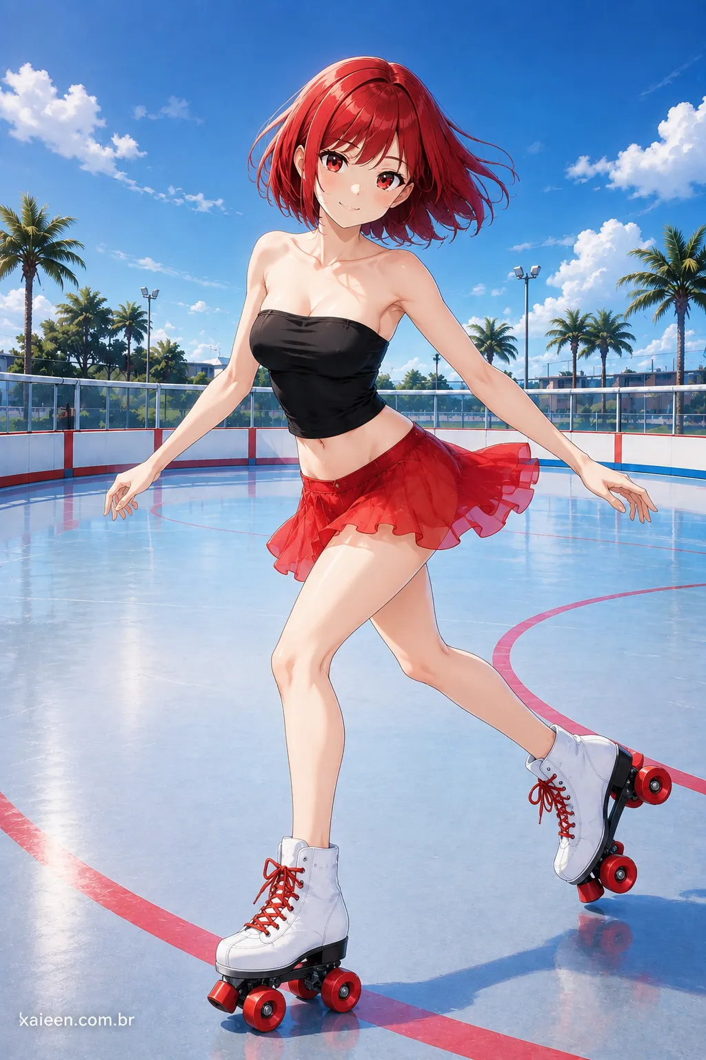 Anime cabelo vermelho em cenário que destaca roupas e cabelos