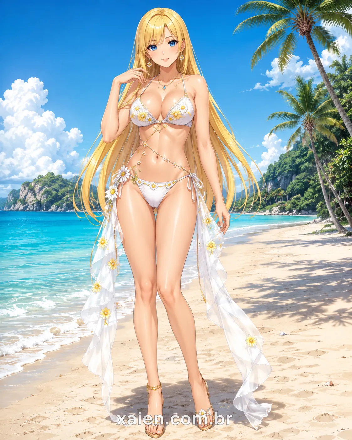 Anime de biquíni branco com estampas de girassol em editorial de moda na praia