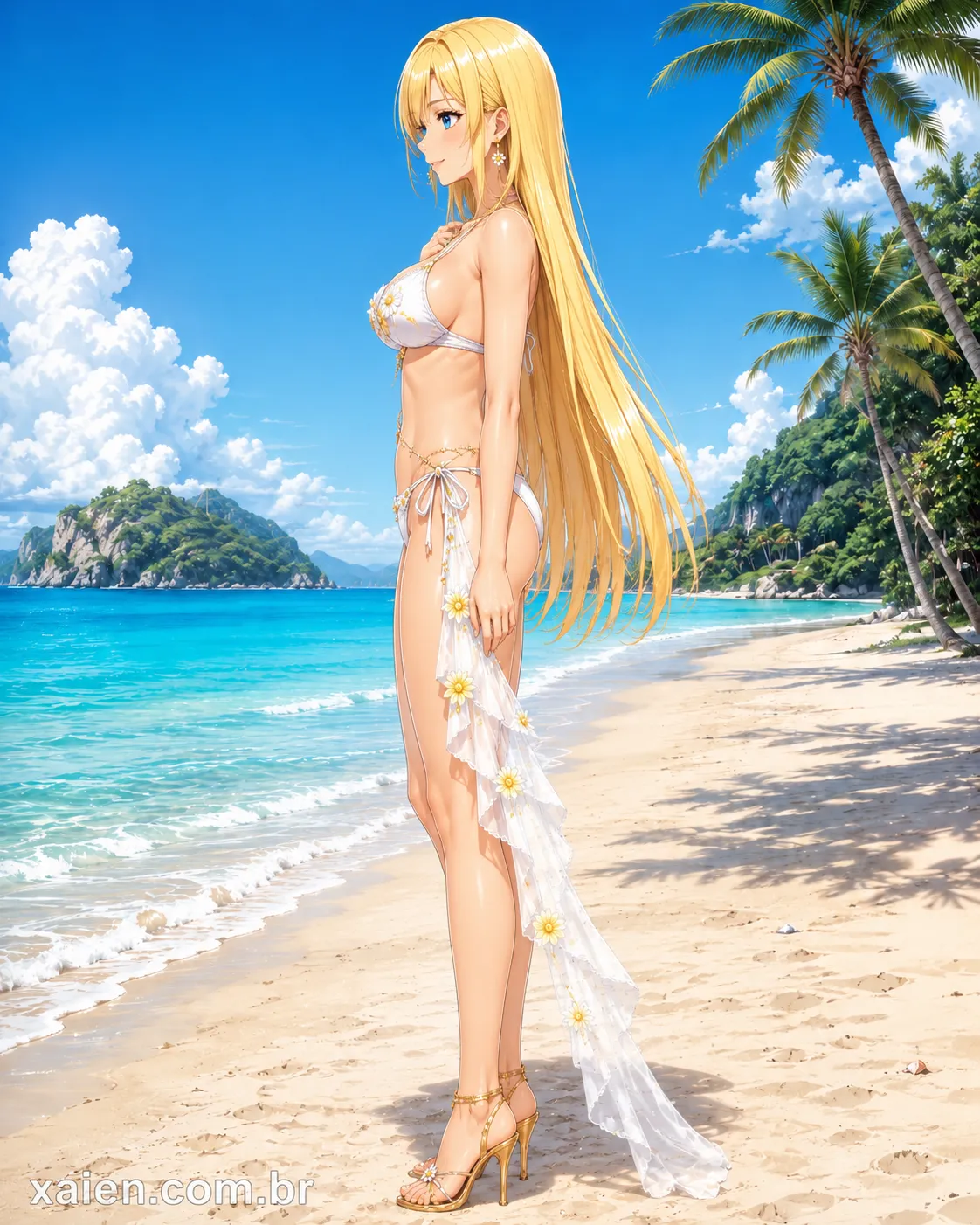 Top model anime de biquíni com girassóis na areia da praia