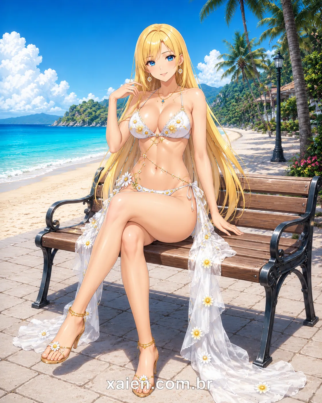 Anime de biquíni em pose de desfile na praia do Guarujá