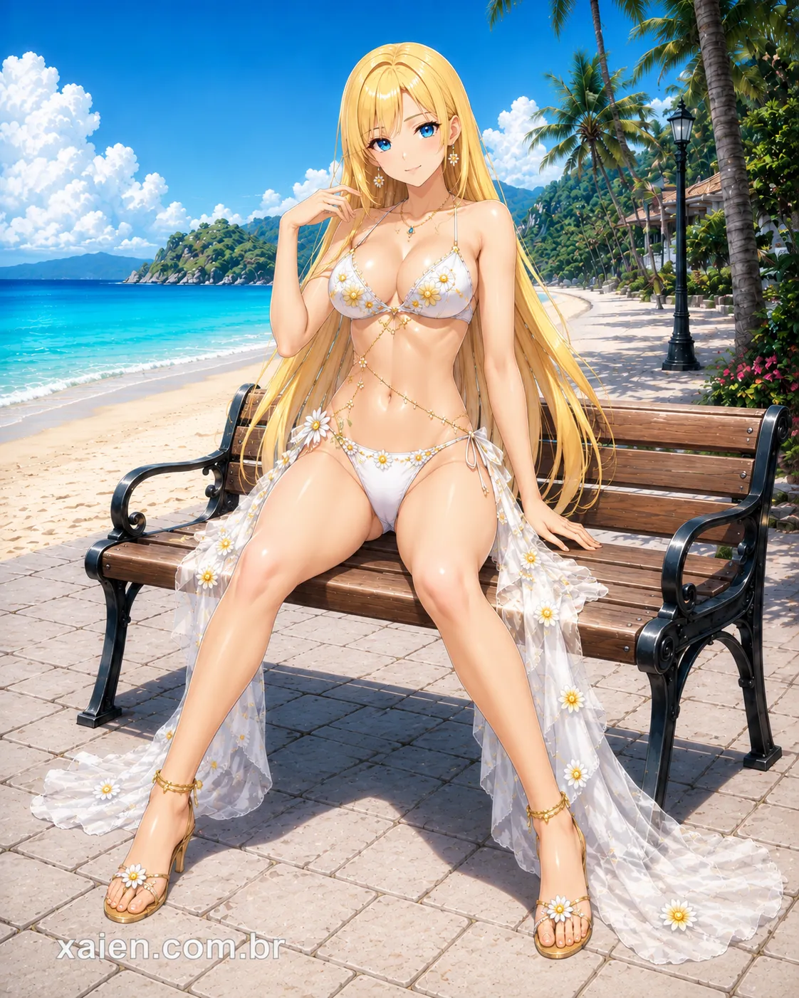 Top model anime de biquíni sentada em banco no calçadão da praia