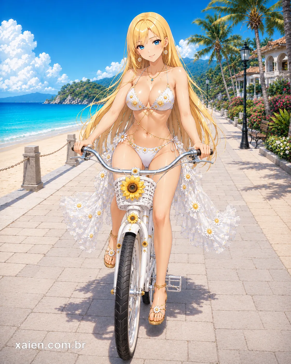 Top model anime de biquíni em passeio de bicicleta pelo calçadão
