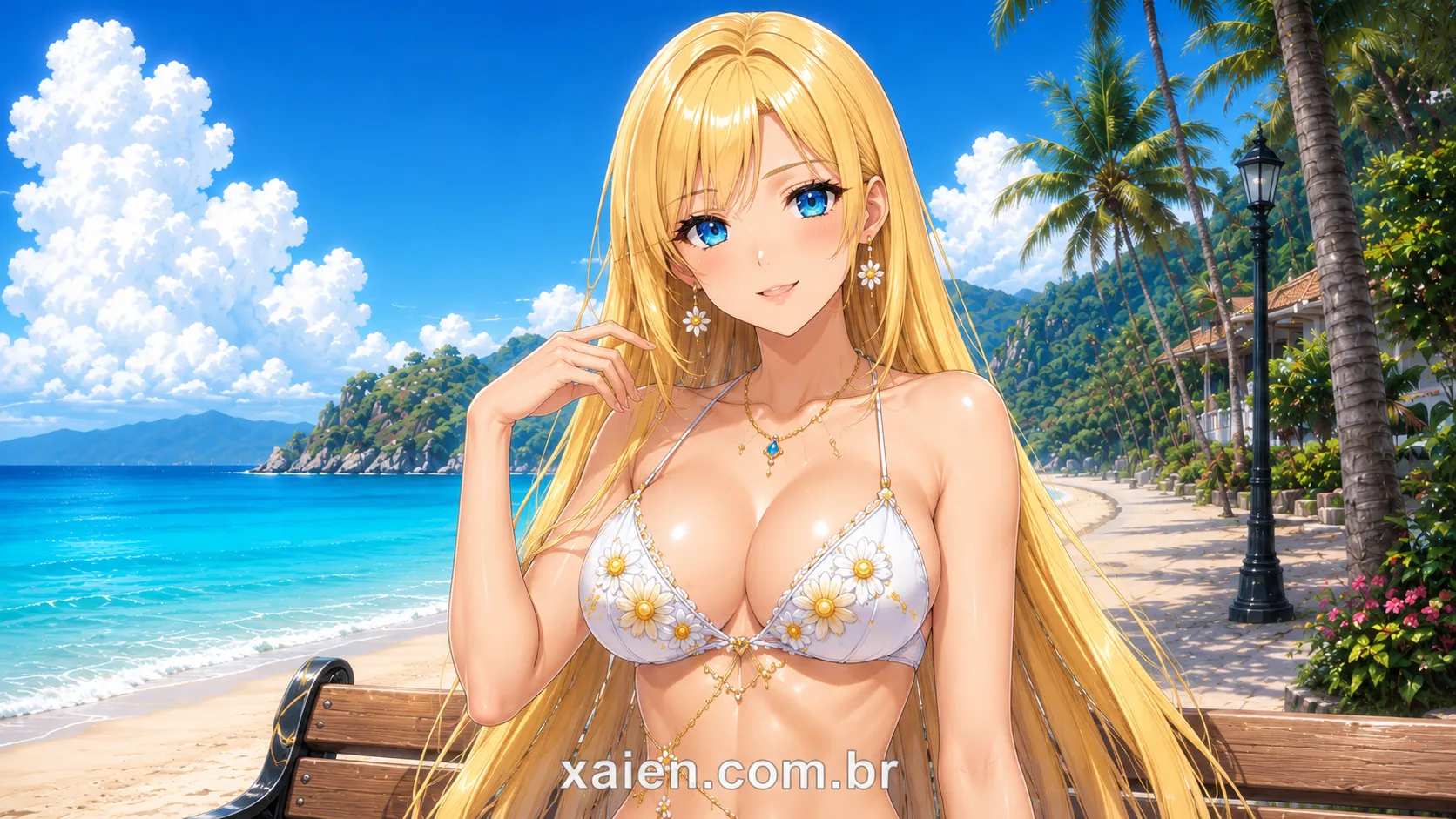 Anime de biquíni com girassóis desfila em cenário de praia no Guarujá