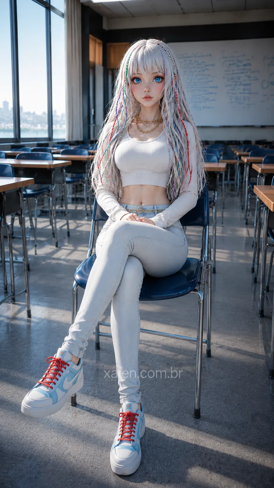 Anime sentada de pernas cruzadas usando jeans claro e blusa branca