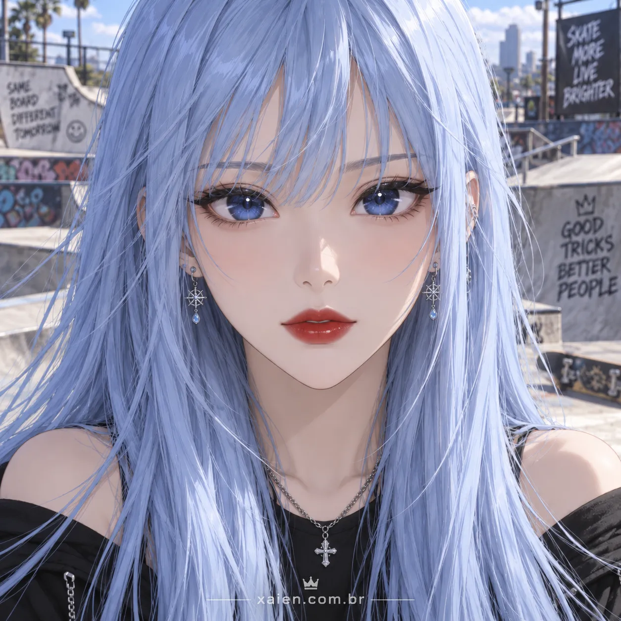 Anime usando mini saia preta e top branco em cenário urbano de skate