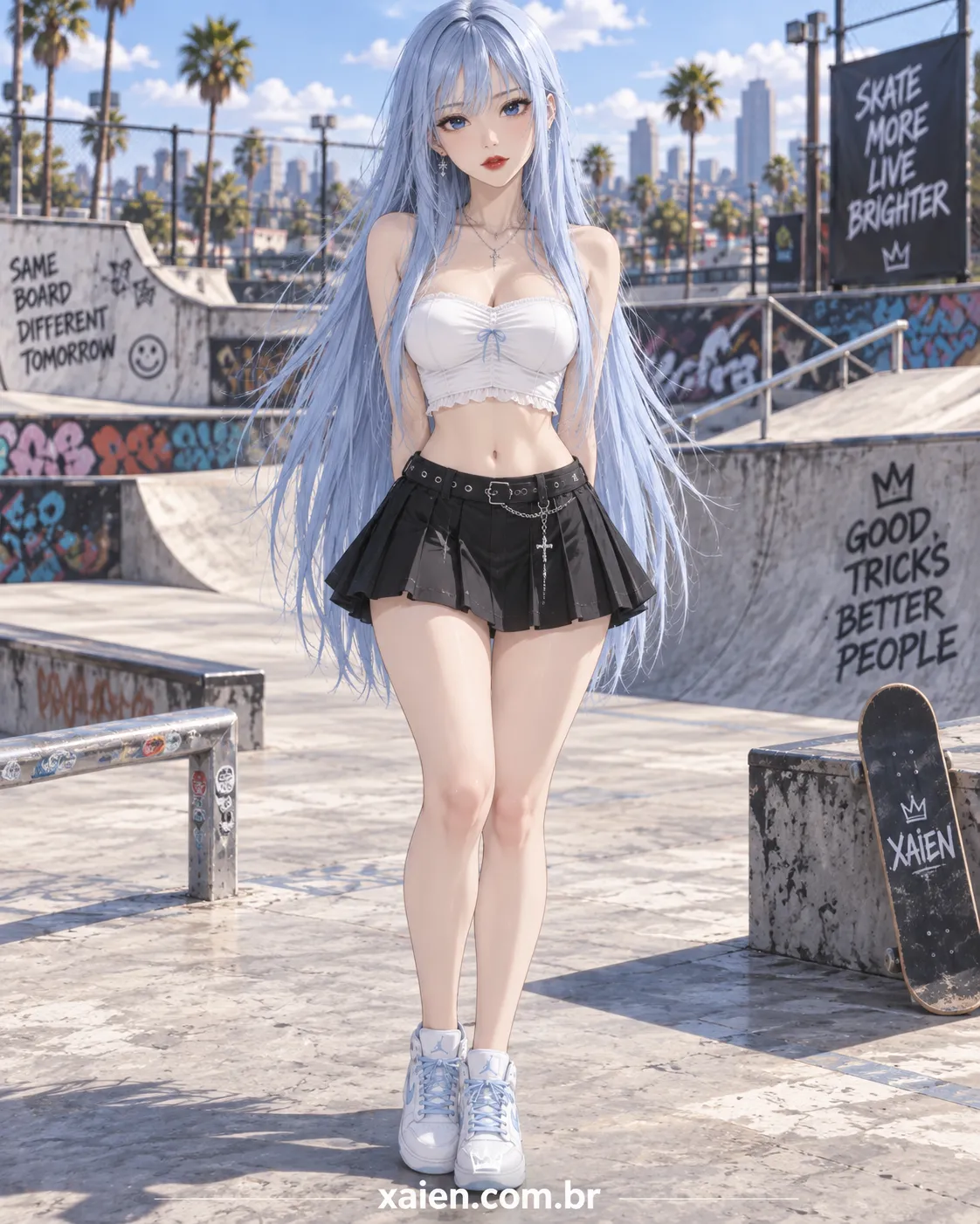 Look anime com top branco e mini saia preta para dias amenos de primavera