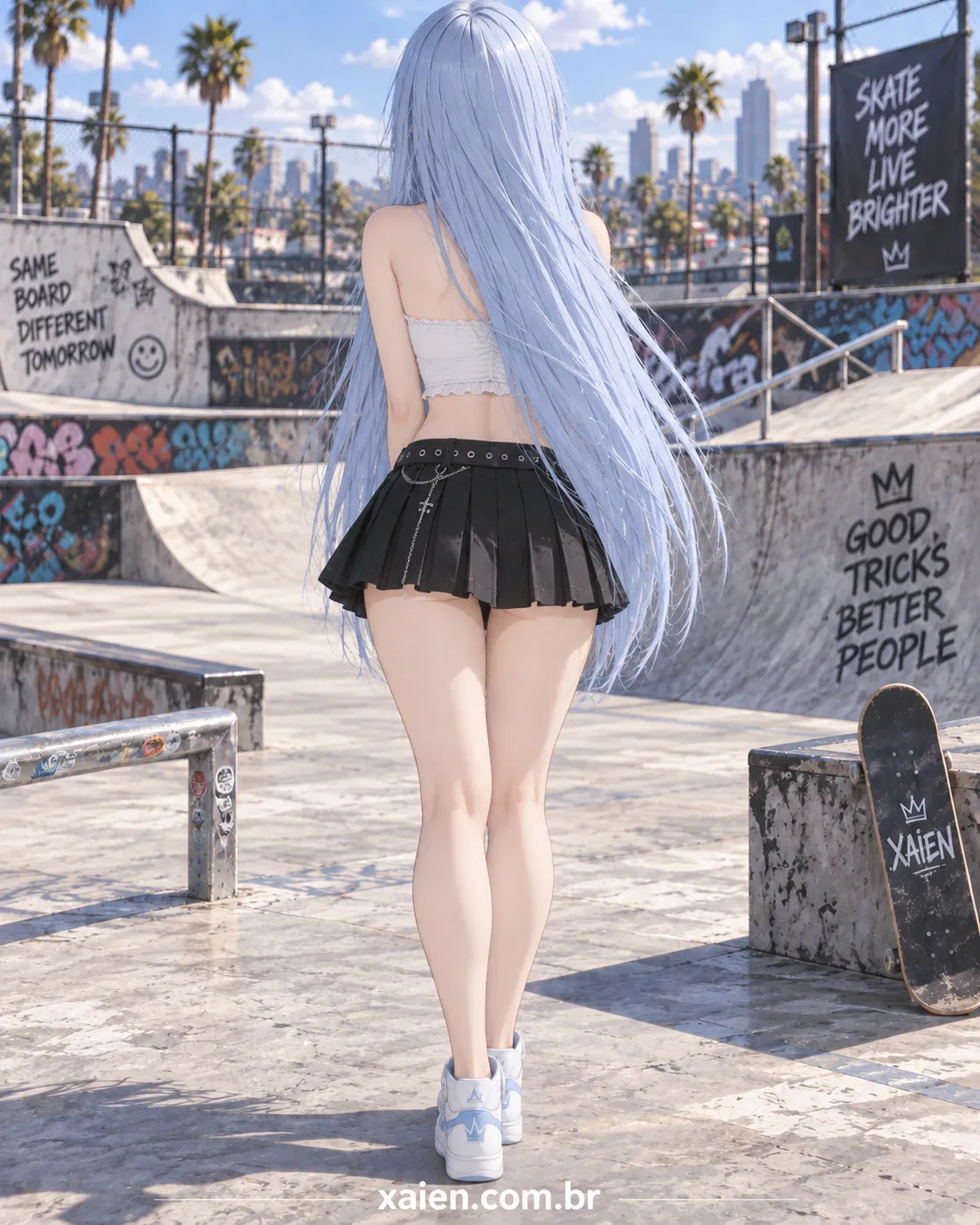Anime com mini saia preta em ensaio de moda urbana na pista de skate