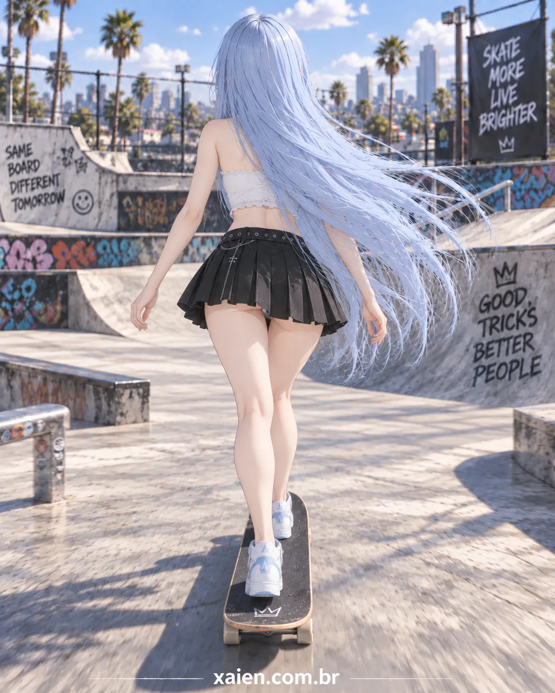 Anime de mini saia preta em produção de moda para dias quentes e amenos