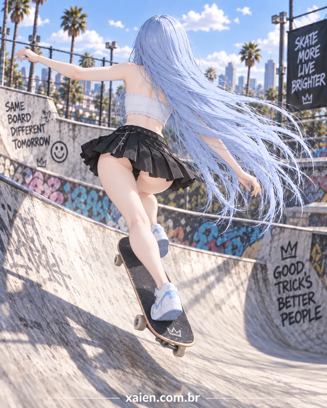 Anime de mini saia em cenário esportivo com referência ao street style