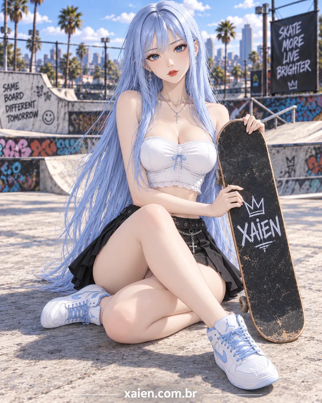 Anime de mini saia em look adaptável para manhã fresca de primavera