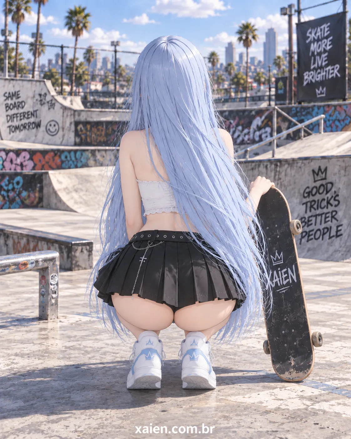 Anime de mini saia com composição preto e branco em ensaio urbano