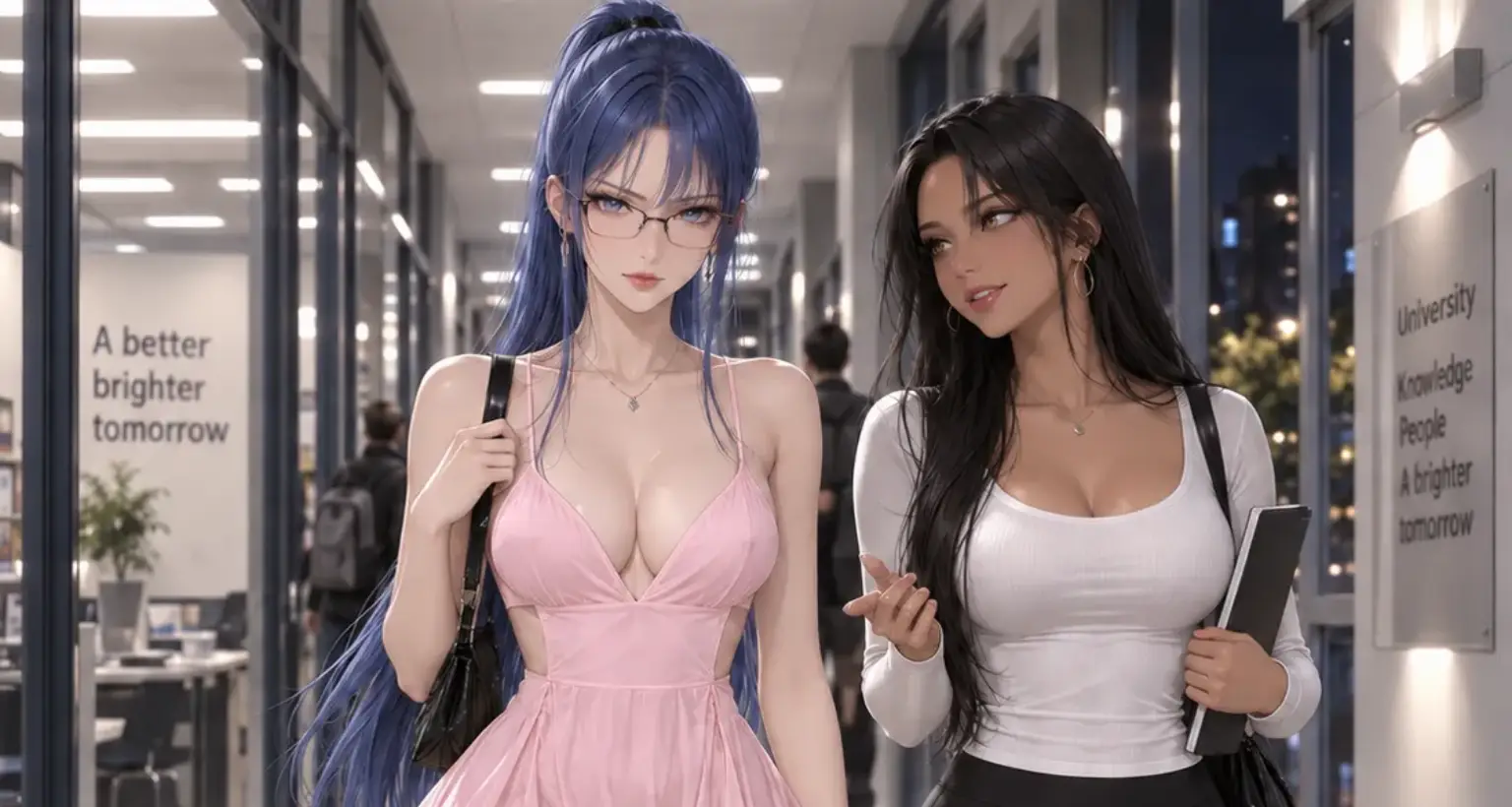 Dos patins à faculdade: o dia de primavera de duas amigas em anime 3D