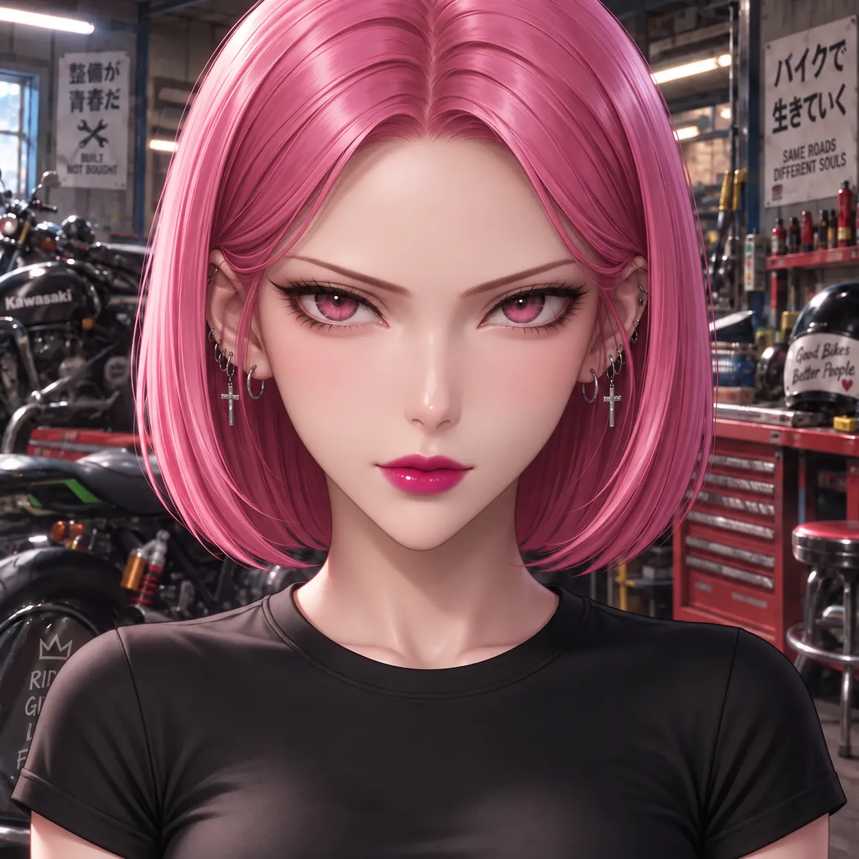 Anime japonesa adulta de cabelo rosa com bicicleta cross em cenário urbano