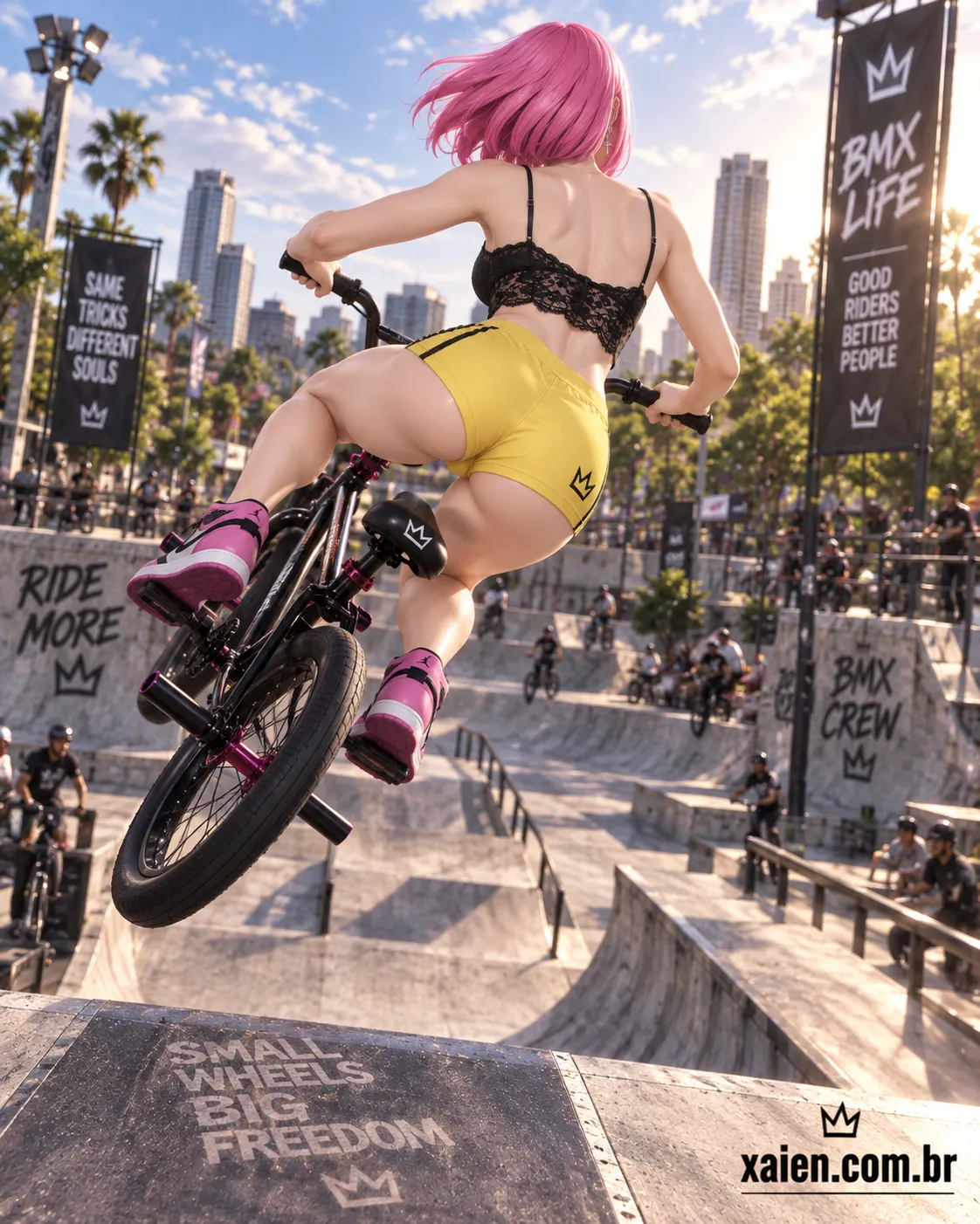 Anime BMX executando salto em rampa de concreto durante competição