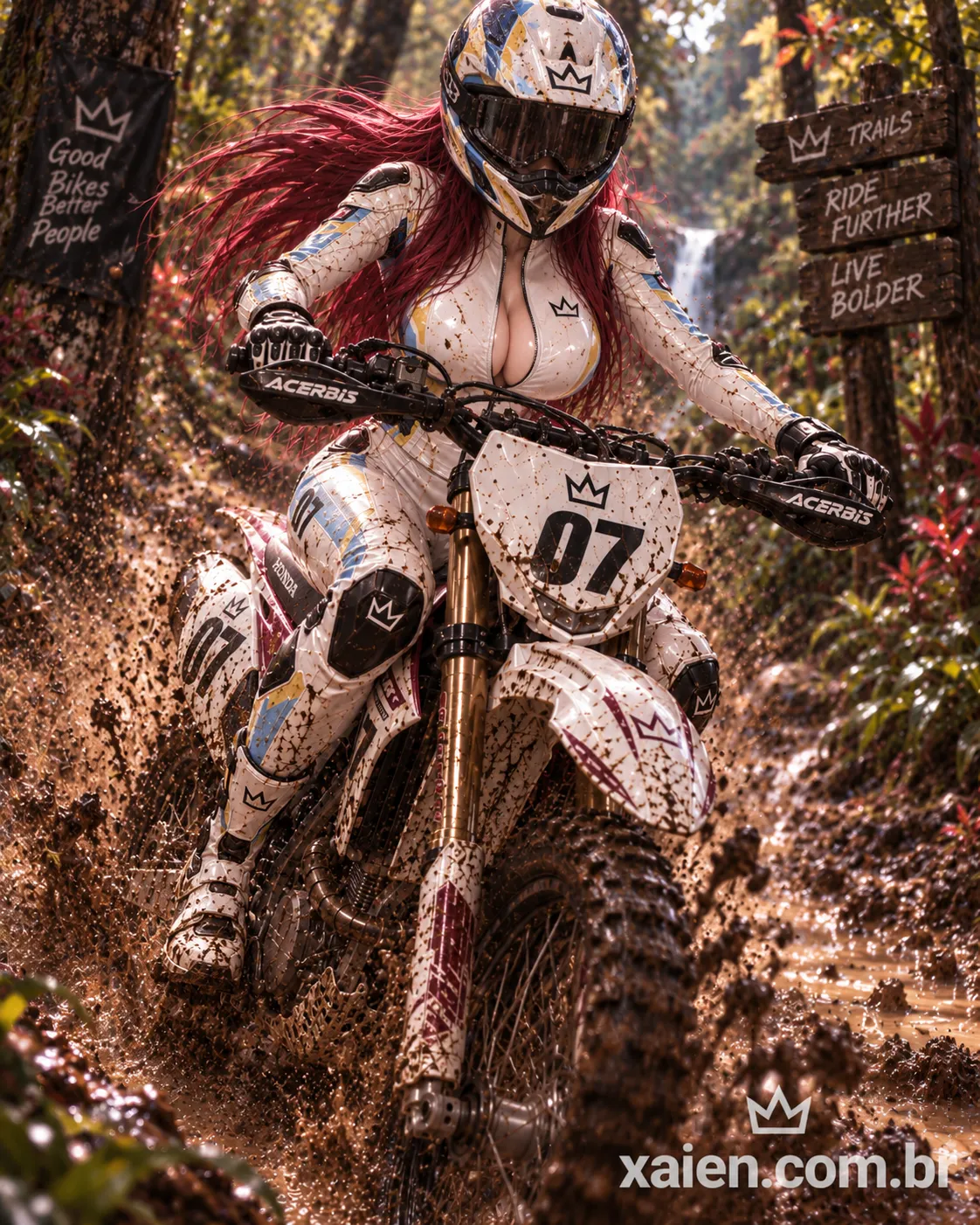 Anime moto cross parada ao lado da motocicleta na trilha