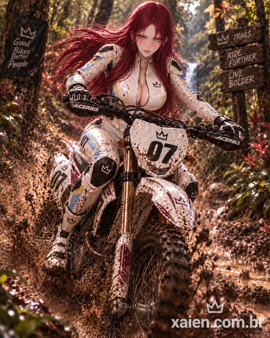 Anime moto cross verificando defeito na motocicleta durante trilha