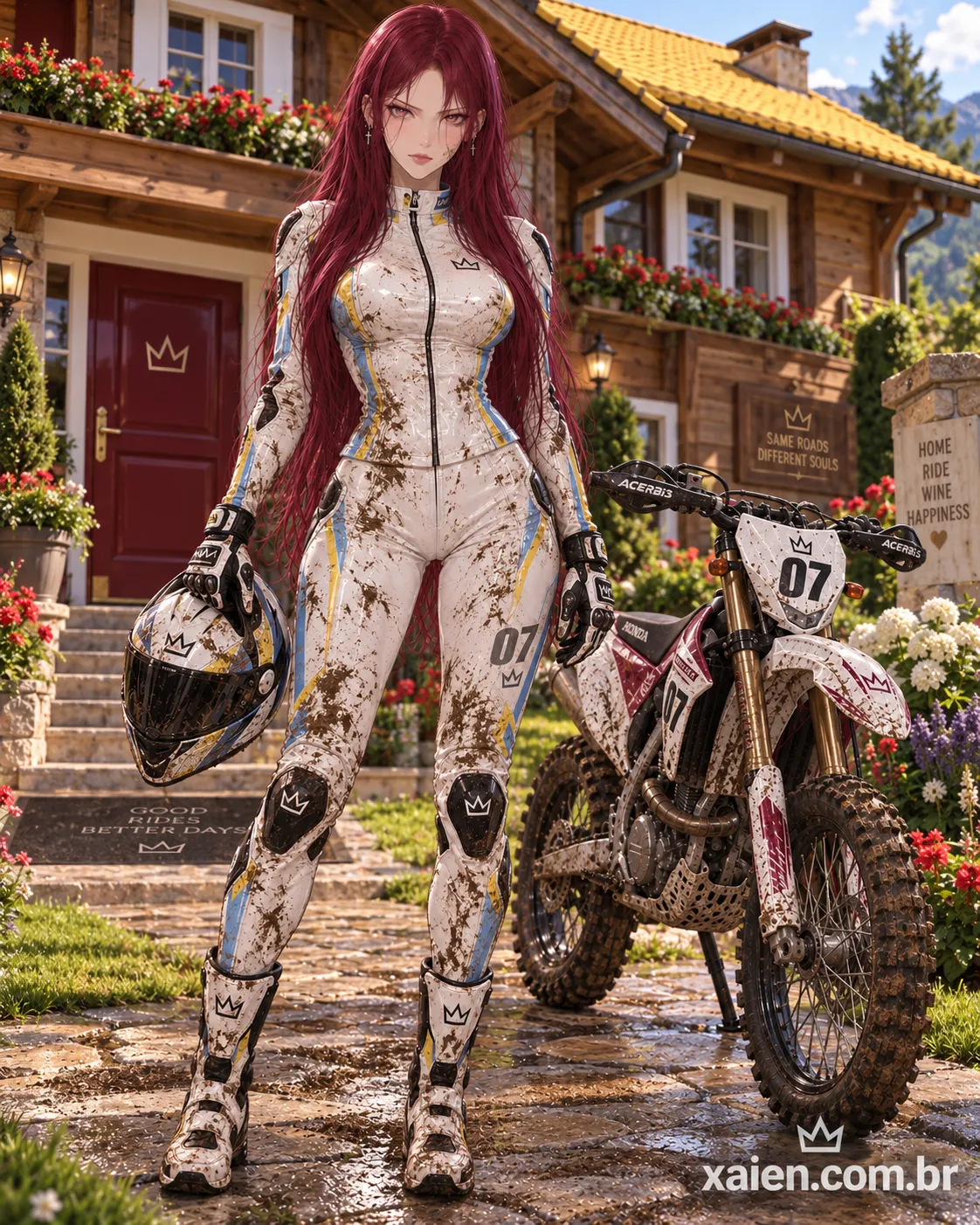 Anime de motocross ao lado de moto durante manutenção na trilha